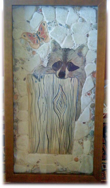 raccoon on a log ceramic tile mosaic